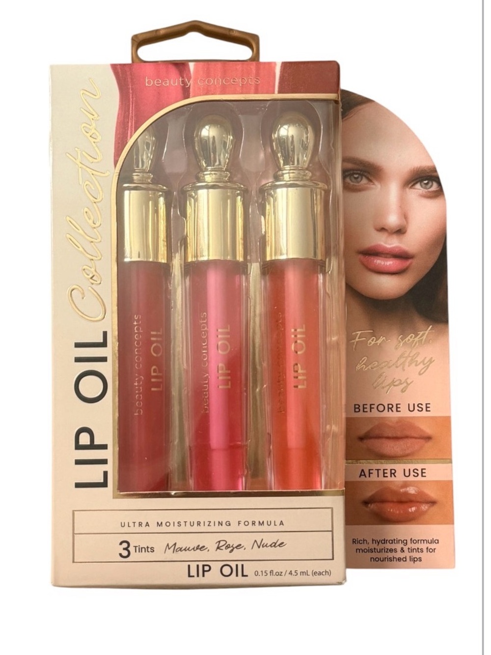 Beauty Concepts Lip Oil Set 3PC Mauve Rose Nude Hydrating Gloss